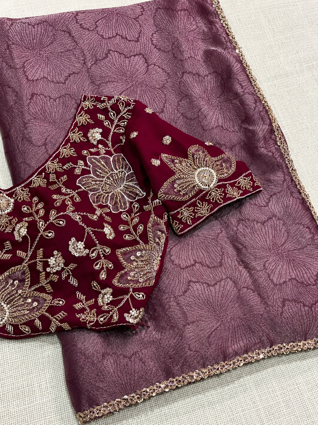 Deep Red Kiara Premium Fandy Satin Jacquard Saree
